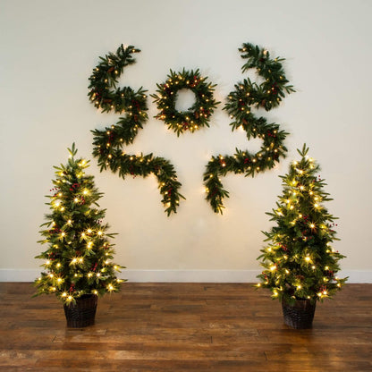 Pre-Lit Artificial Christmas Holiday 5 Piece Bundle with Pinecones & Berries