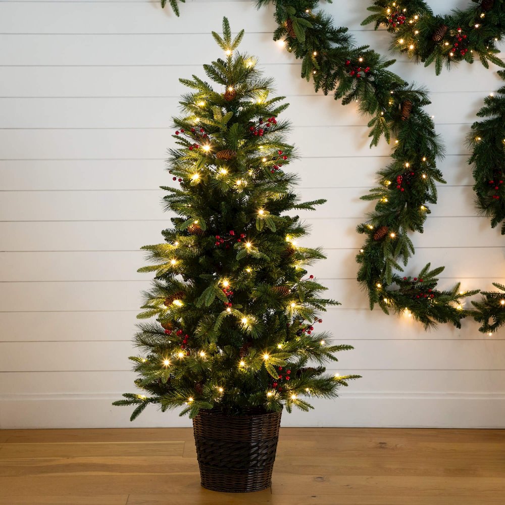 Pre-Lit Artificial Christmas Holiday 5 Piece Bundle with Pinecones & Berries