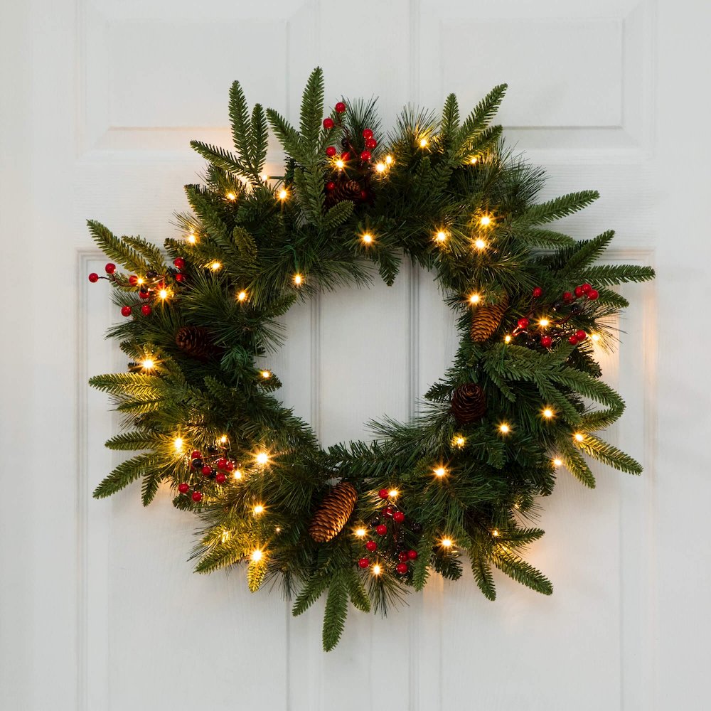 Pre-Lit Artificial Christmas Holiday 5 Piece Bundle with Pinecones & Berries