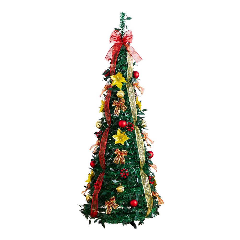 5ft. Pre-Lit Artificial Pop up Christmas Tree with Red & Gold Ornaments, Ribbons