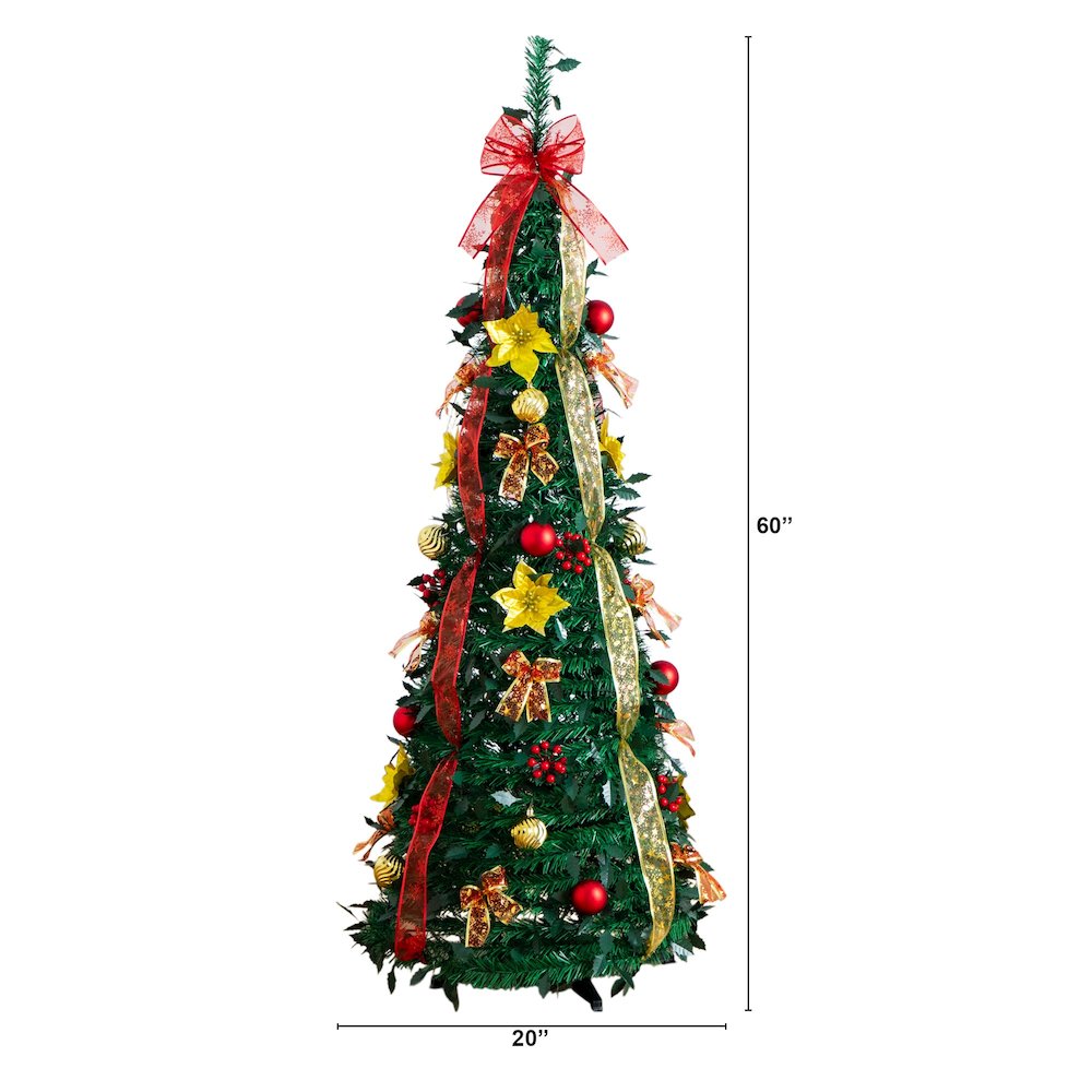 5ft. Pre-Lit Artificial Pop up Christmas Tree with Red & Gold Ornaments, Ribbons