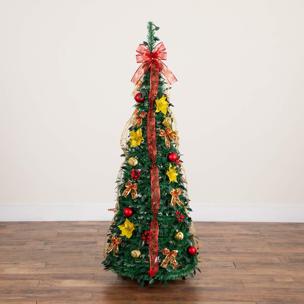 5ft. Pre-Lit Artificial Pop up Christmas Tree with Red & Gold Ornaments, Ribbons