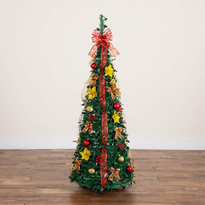 5ft. Pre-Lit Artificial Pop up Christmas Tree with Red & Gold Ornaments, Ribbons