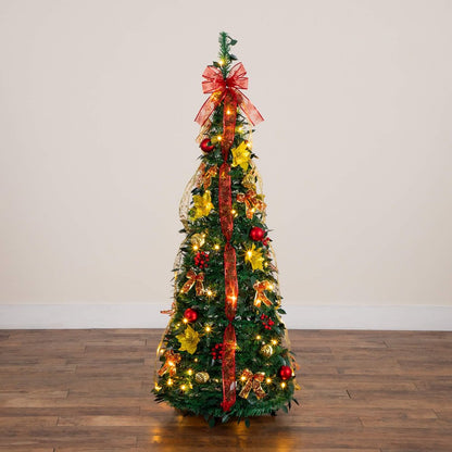 5ft. Pre-Lit Artificial Pop up Christmas Tree with Red & Gold Ornaments, Ribbons