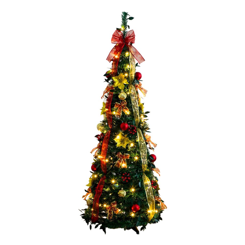 5ft. Pre-Lit Artificial Pop up Christmas Tree with Red & Gold Ornaments, Ribbons