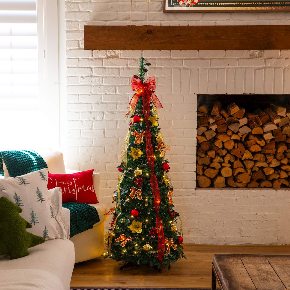 5ft. Pre-Lit Artificial Pop up Christmas Tree with Red & Gold Ornaments, Ribbons