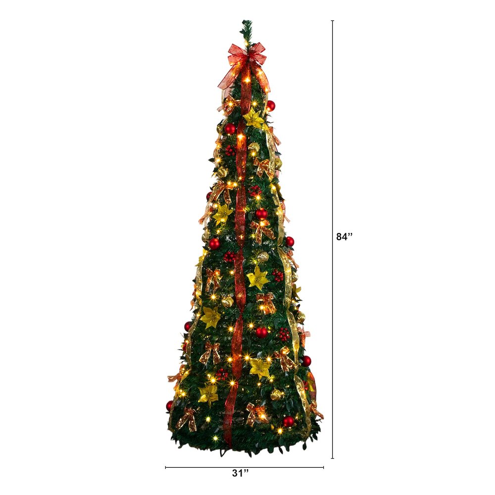 7ft. Pre-Lit Artificial Pop up Christmas Tree with Red & Gold Ornaments, Ribbons