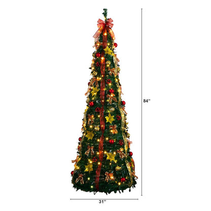 7ft. Pre-Lit Artificial Pop up Christmas Tree with Red & Gold Ornaments, Ribbons