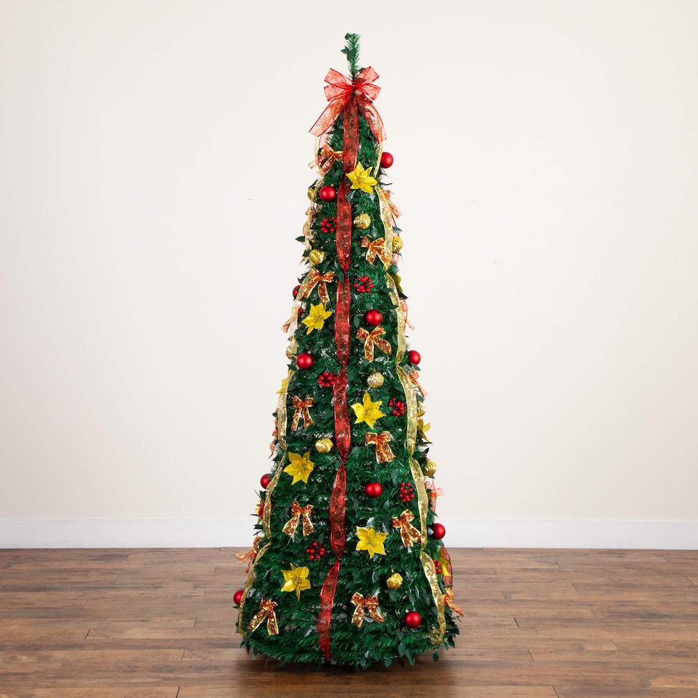7ft. Pre-Lit Artificial Pop up Christmas Tree with Red & Gold Ornaments, Ribbons