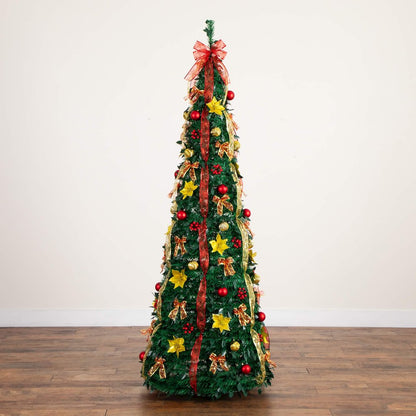 7ft. Pre-Lit Artificial Pop up Christmas Tree with Red & Gold Ornaments, Ribbons