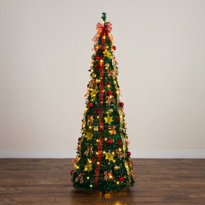 7ft. Pre-Lit Artificial Pop up Christmas Tree with Red & Gold Ornaments, Ribbons