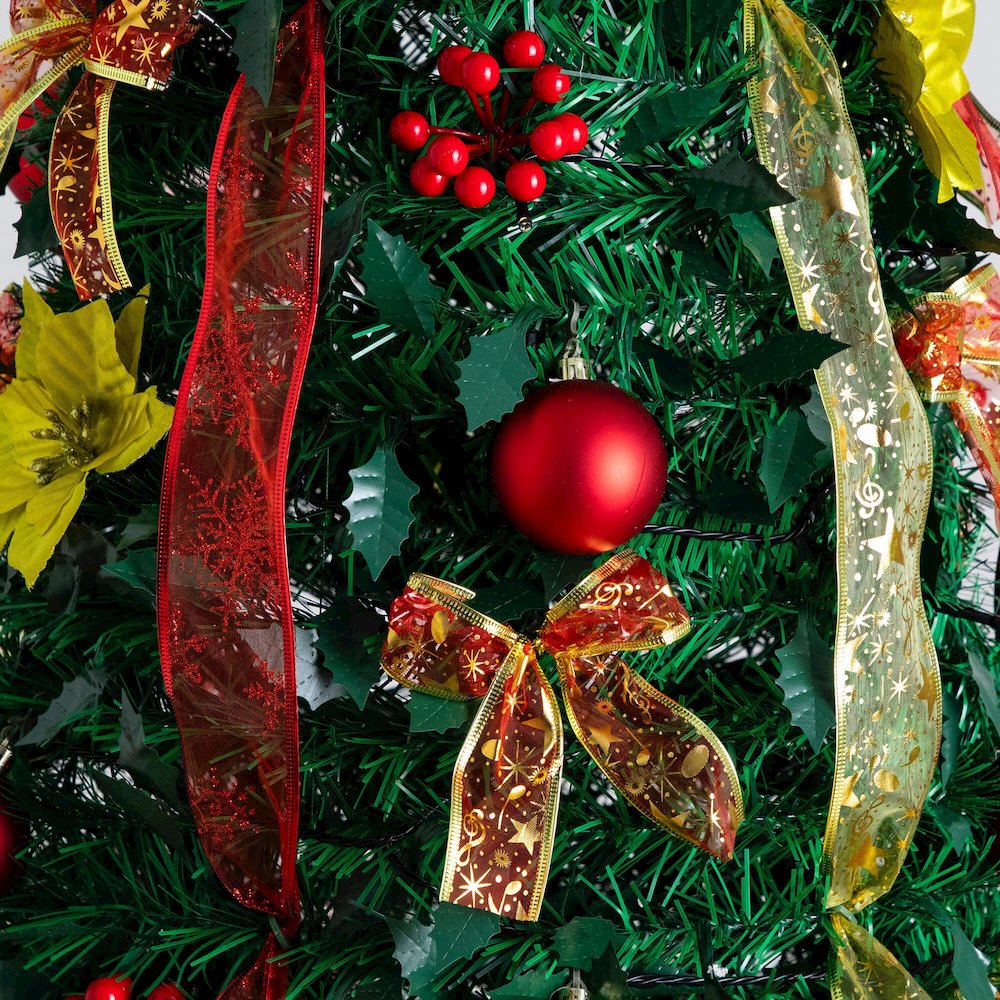 7ft. Pre-Lit Artificial Pop up Christmas Tree with Red & Gold Ornaments, Ribbons