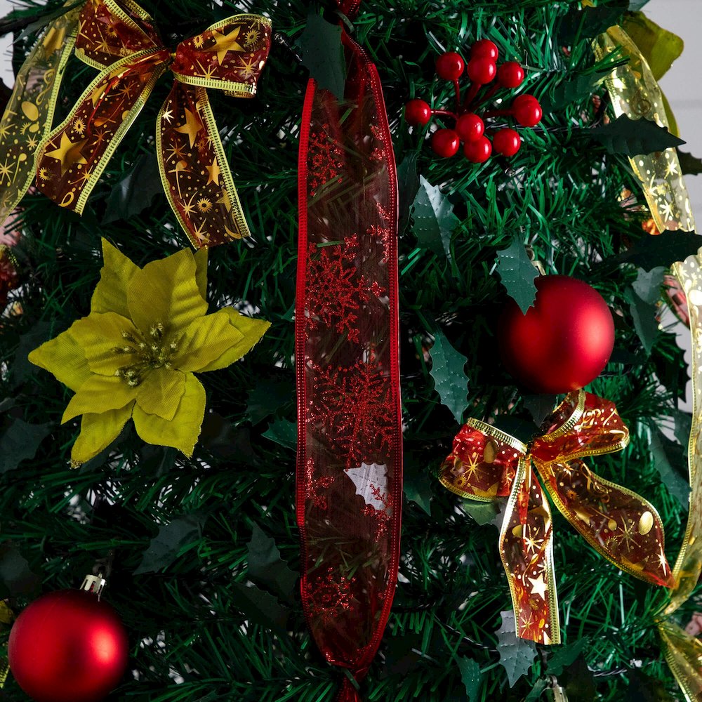 7ft. Pre-Lit Artificial Pop up Christmas Tree with Red & Gold Ornaments, Ribbons