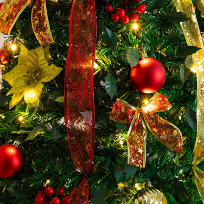 7ft. Pre-Lit Artificial Pop up Christmas Tree with Red & Gold Ornaments, Ribbons