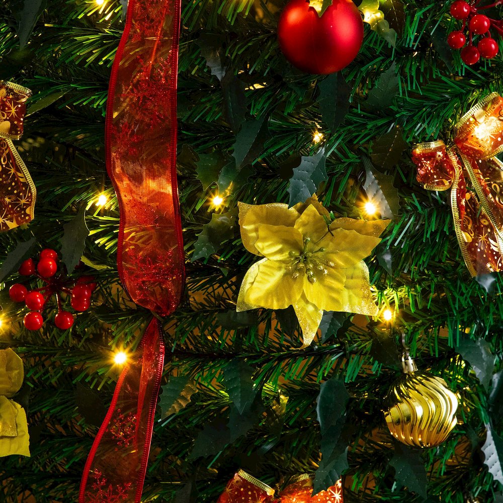 7ft. Pre-Lit Artificial Pop up Christmas Tree with Red & Gold Ornaments, Ribbons