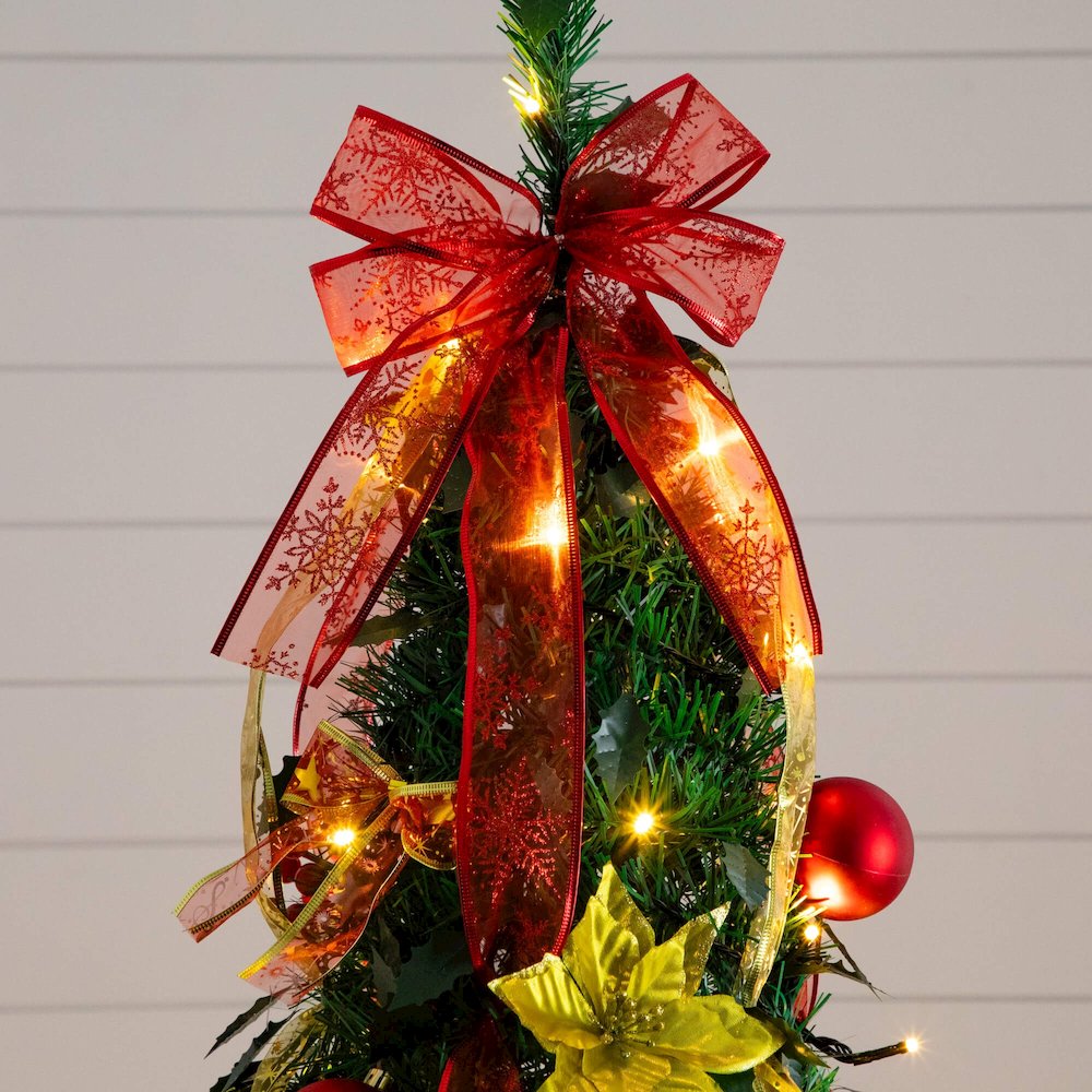 7ft. Pre-Lit Artificial Pop up Christmas Tree with Red & Gold Ornaments, Ribbons
