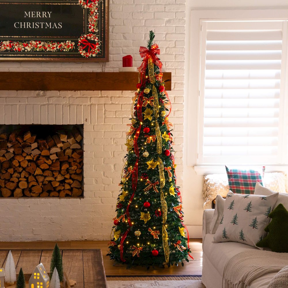 7ft. Pre-Lit Artificial Pop up Christmas Tree with Red & Gold Ornaments, Ribbons
