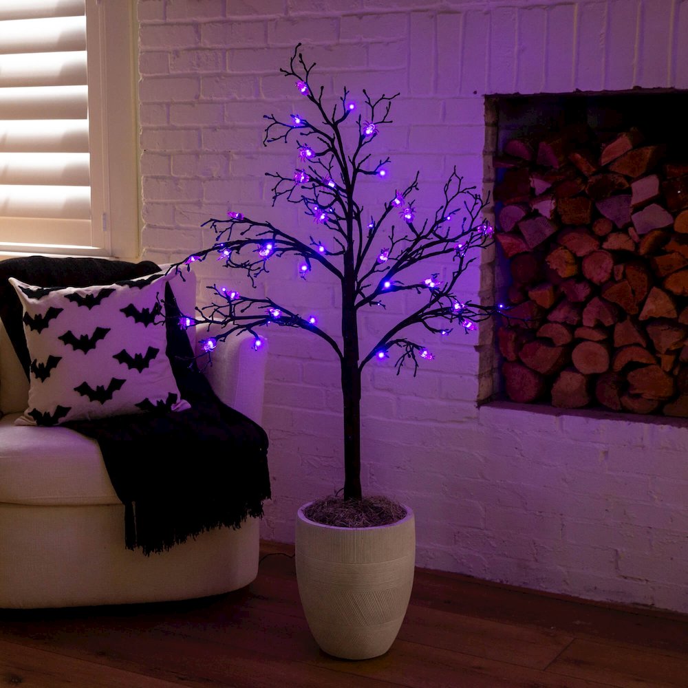 4ft. Pre-Lit Artificial Halloween Spider Twig Tree with 48 Purple LED Lights