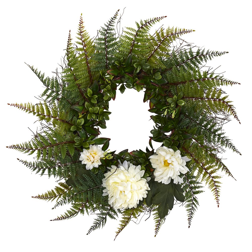 23in. Assorted Fern and Chrysanthemum Artificial Wreath
