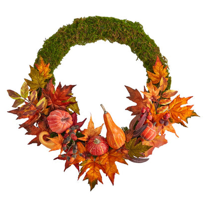 20in. Autumn Pumpkin, Gourd and Fall Maple Leaf Artificial Wreath