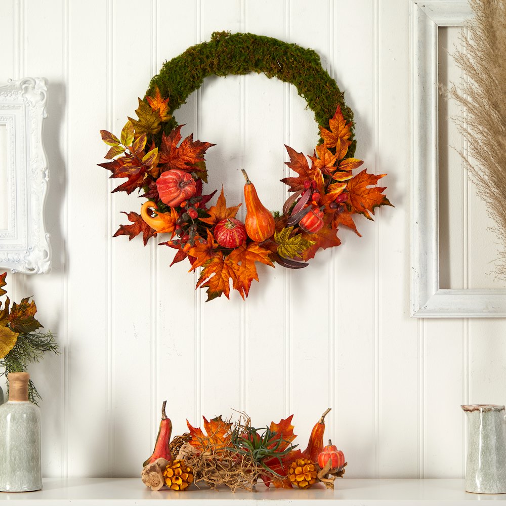 20in. Autumn Pumpkin, Gourd and Fall Maple Leaf Artificial Wreath