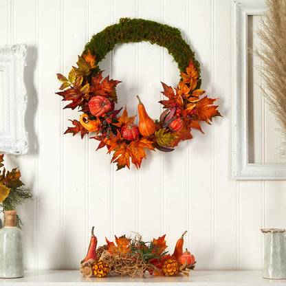 20in. Autumn Pumpkin, Gourd and Fall Maple Leaf Artificial Wreath