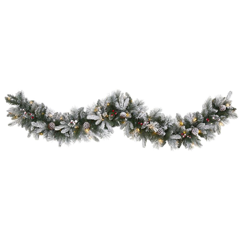 6ft. Flocked Mixed Pine Artificial Christmas Garland with 50 LED Lights, Pine Cones and Berries