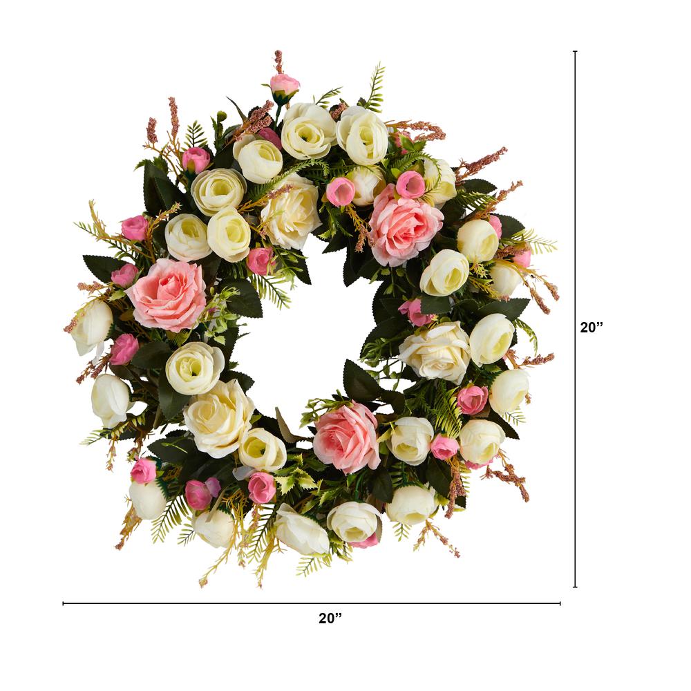 20in. White & Pink Rose Artificial Wreath