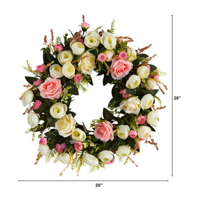 20in. White & Pink Rose Artificial Wreath