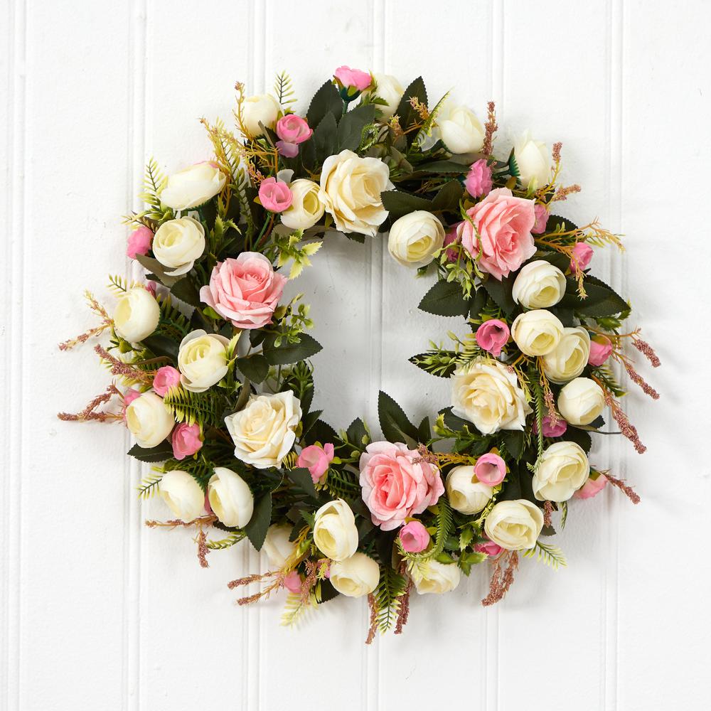 20in. White & Pink Rose Artificial Wreath