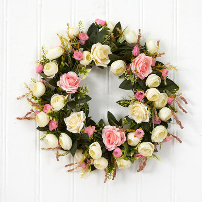 20in. White & Pink Rose Artificial Wreath
