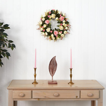 20in. White & Pink Rose Artificial Wreath