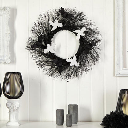 22in. Halloween Ghost and Bats Twig Wreath