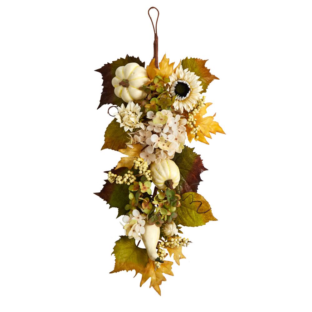 33in. Fall Sunflower, Hydrangea and White Pumpkin Artificial Autumn Teardrop
