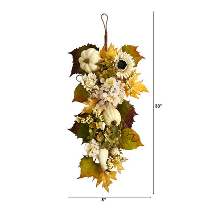 33in. Fall Sunflower, Hydrangea and White Pumpkin Artificial Autumn Teardrop