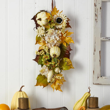 33in. Fall Sunflower, Hydrangea and White Pumpkin Artificial Autumn Teardrop