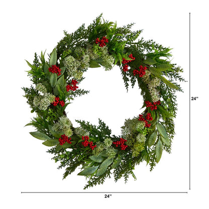 24in. Cedar, Eucalyptus and Berries Artificial Christmas Wreath