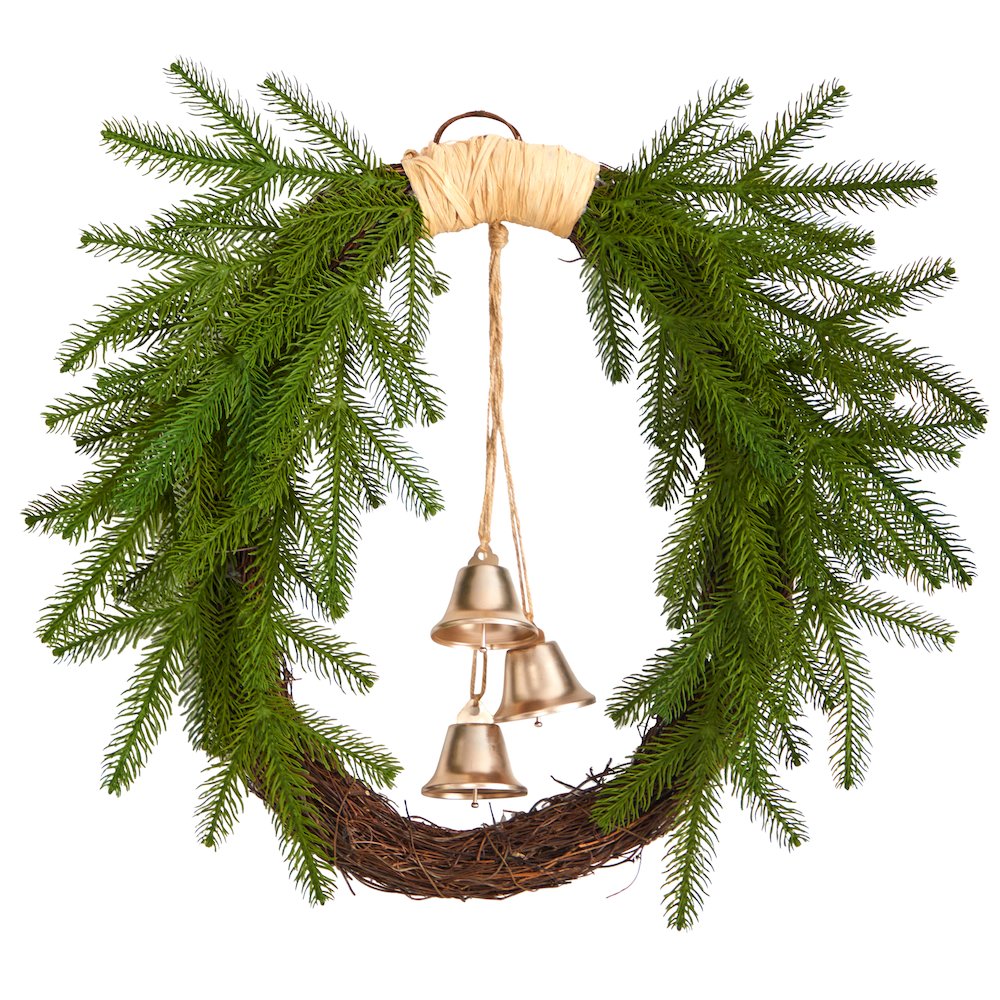 24in. Holiday Christmas Pine and Hanging Bells Wreath