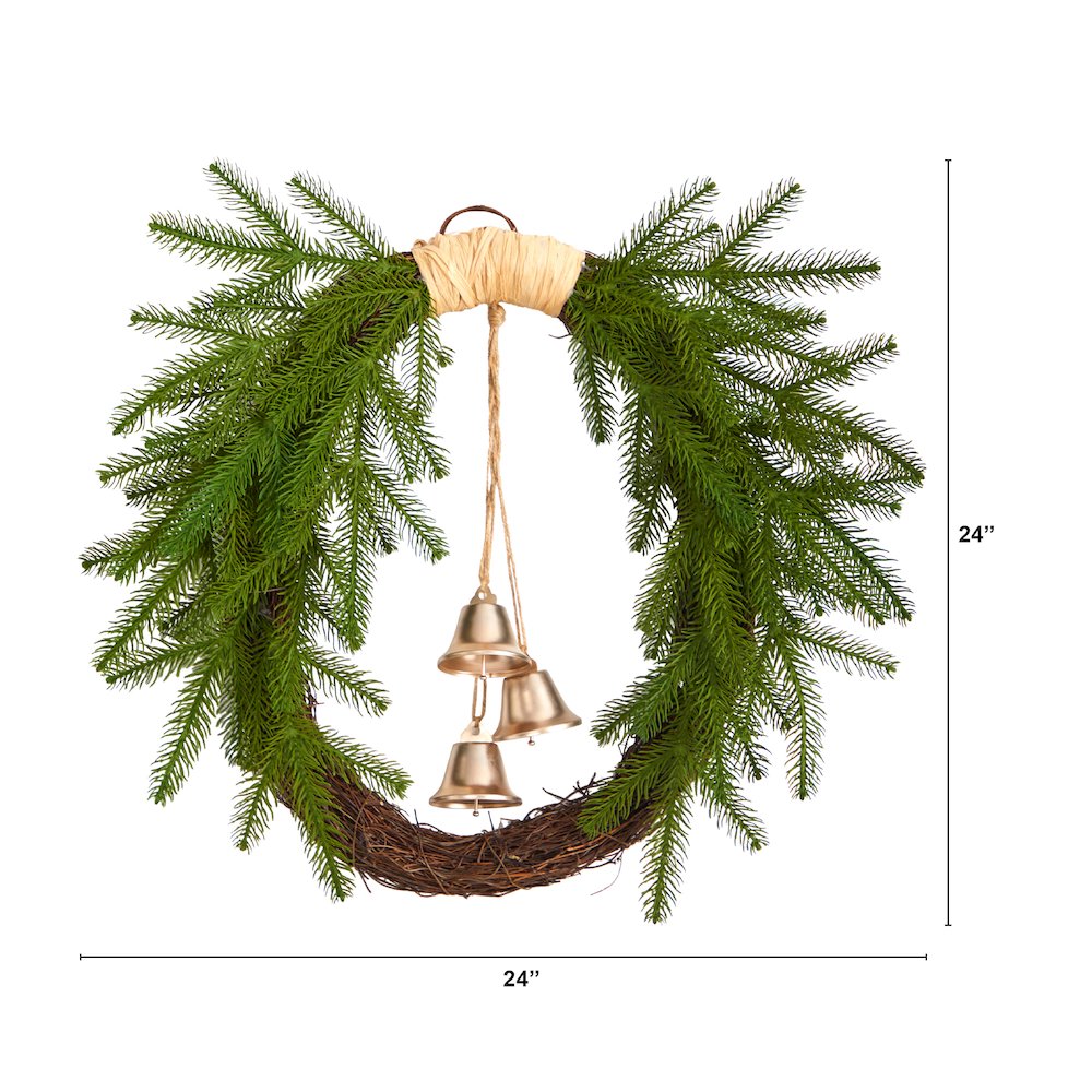 24in. Holiday Christmas Pine and Hanging Bells Wreath
