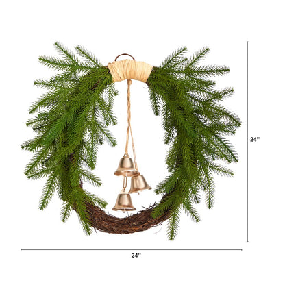 24in. Holiday Christmas Pine and Hanging Bells Wreath