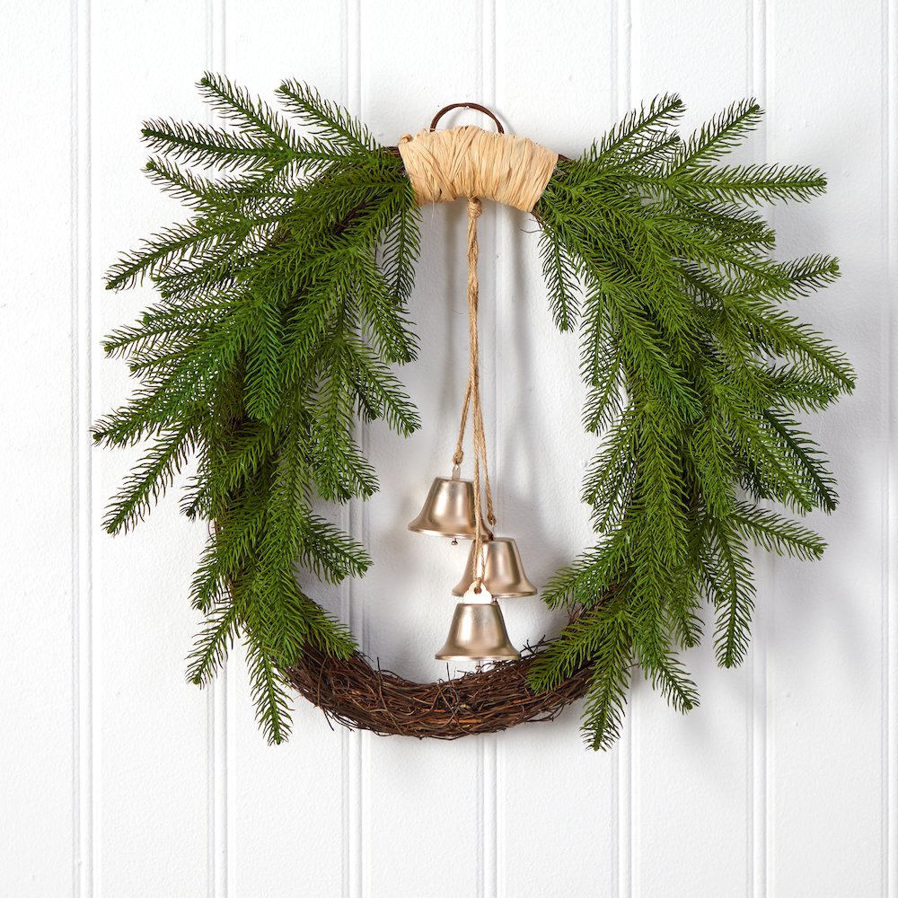 24in. Holiday Christmas Pine and Hanging Bells Wreath