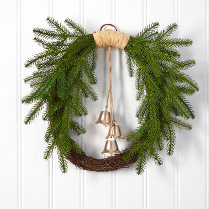 24in. Holiday Christmas Pine and Hanging Bells Wreath