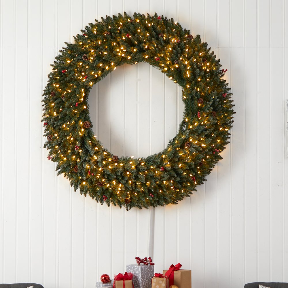 5ft. Large Flocked Christmas Wreath with Pinecones, 400 Clear LED Lights