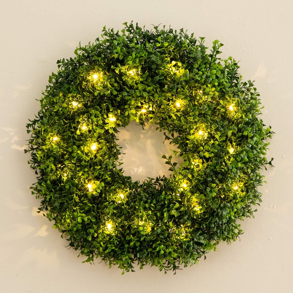 18in. Pre-Lit Artificial Boxwood Wreath with 25 Warm White LED Lights