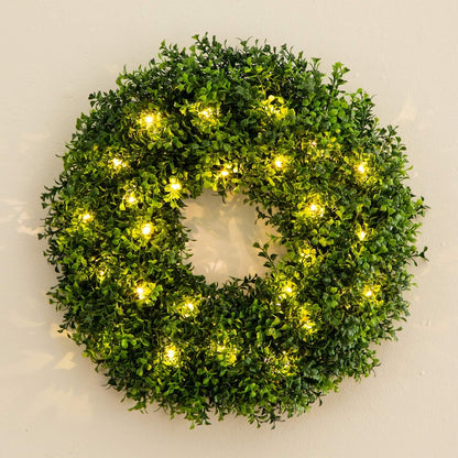 18in. Pre-Lit Artificial Boxwood Wreath with 25 Warm White LED Lights
