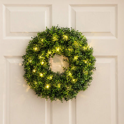 18in. Pre-Lit Artificial Boxwood Wreath with 25 Warm White LED Lights