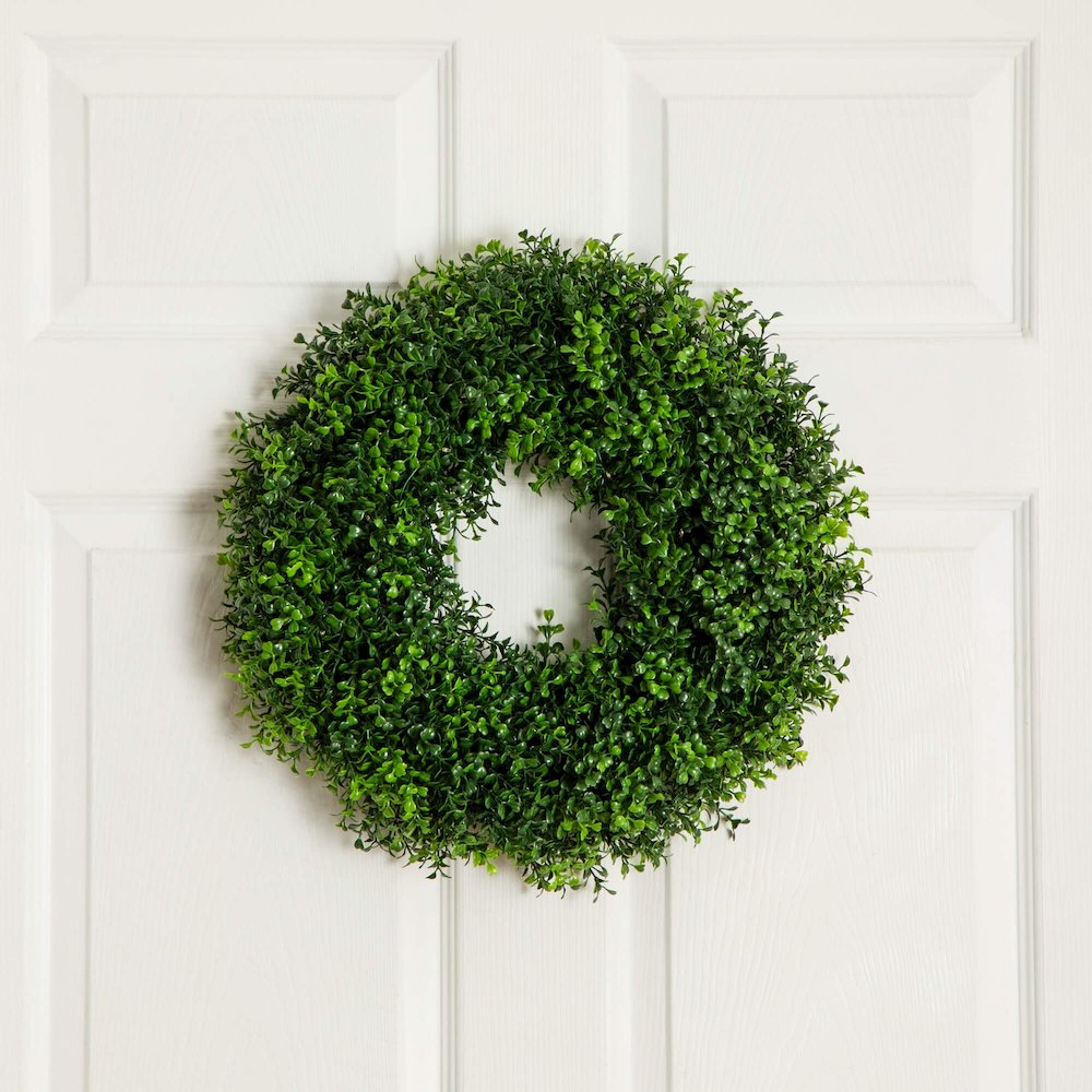 18in. Pre-Lit Artificial Boxwood Wreath with 25 Warm White LED Lights