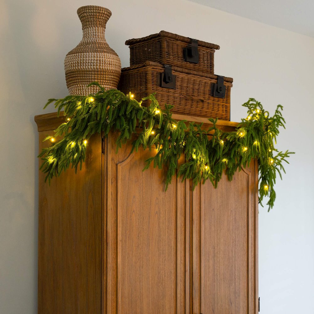 6ft Pre-Lit Artificial Real Touch Norfolk Island Pine Garland with 35 LED Lights