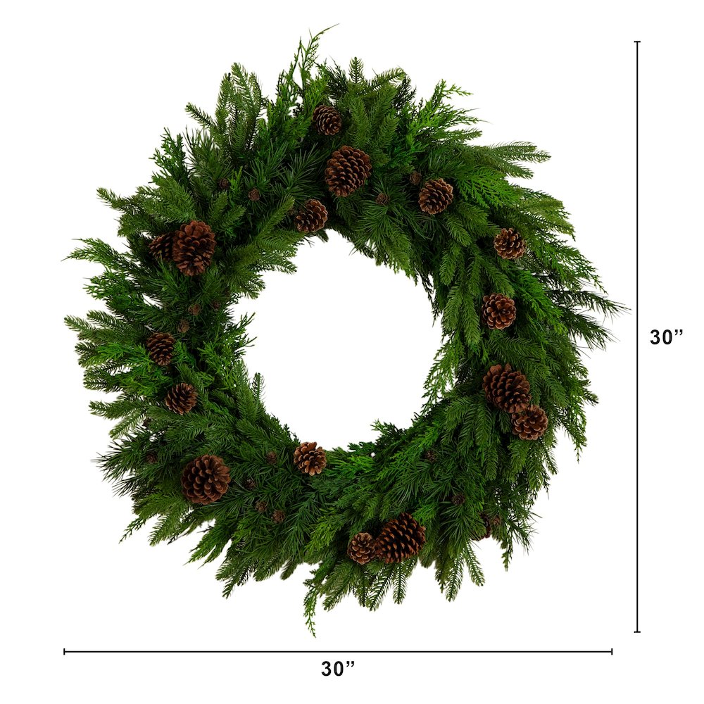 30in. Artificial Norfolk Mixed Pine Wreath with Pinecones