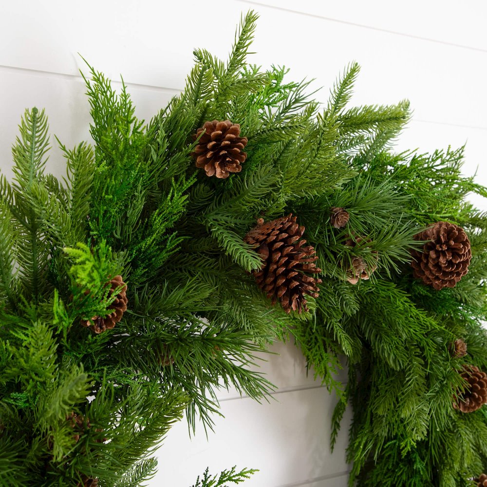 30in. Artificial Norfolk Mixed Pine Wreath with Pinecones
